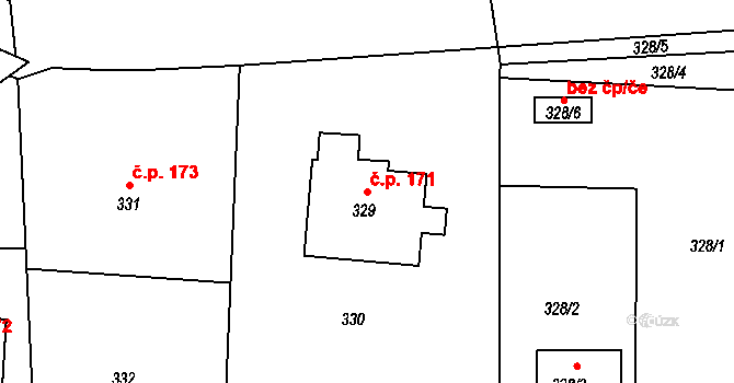 Radonice 171 na parcele st. 329 v KÚ Radonice u Kadaně, Katastrální mapa