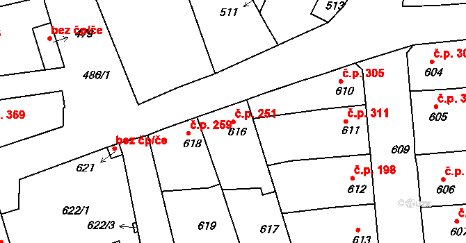 Batelov 251 na parcele st. 616 v KÚ Batelov, Katastrální mapa