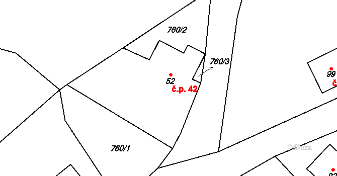 Pocoucov 42, Třebíč na parcele st. 52 v KÚ Pocoucov, Katastrální mapa
