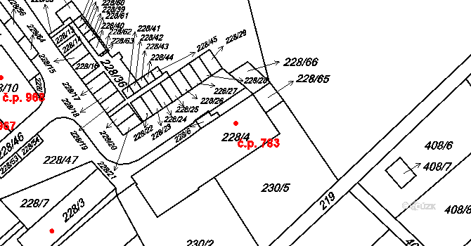 Jundrov 783, Brno na parcele st. 228/4 v KÚ Jundrov, Katastrální mapa