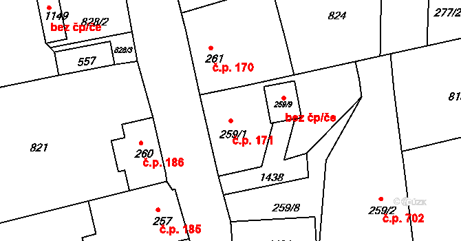 Benešov nad Ploučnicí 171 na parcele st. 259/1 v KÚ Benešov nad Ploučnicí, Katastrální mapa