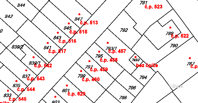 Pelhřimov 458 na parcele st. 795 v KÚ Pelhřimov, Katastrální mapa