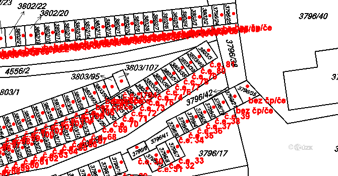 Teplice 76 na parcele st. 3803/36 v KÚ Teplice, Katastrální mapa