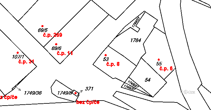Čečelice 8 na parcele st. 53 v KÚ Čečelice, Katastrální mapa