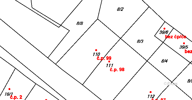 Hrušov 99 na parcele st. 110 v KÚ Hrušov nad Jizerou, Katastrální mapa