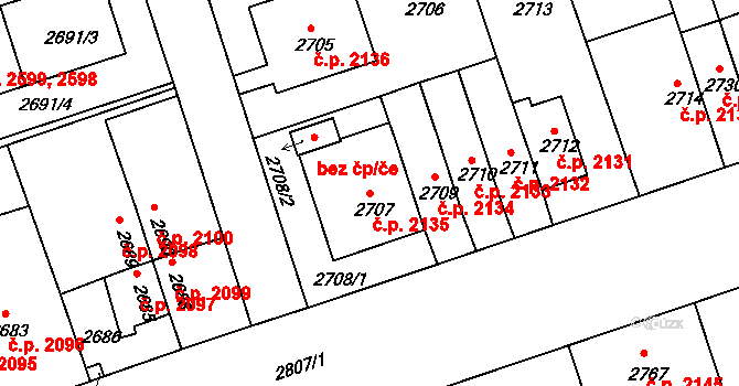 Žižkov 2135, Praha na parcele st. 2707 v KÚ Žižkov, Katastrální mapa