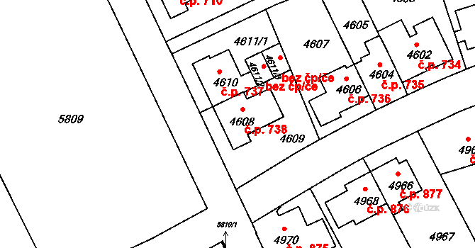 Záběhlice 738, Praha na parcele st. 4608 v KÚ Záběhlice, Katastrální mapa
