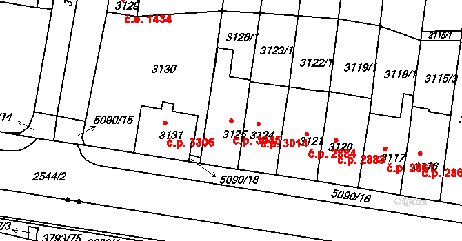 Chomutov 3045 na parcele st. 3125 v KÚ Chomutov II, Katastrální mapa