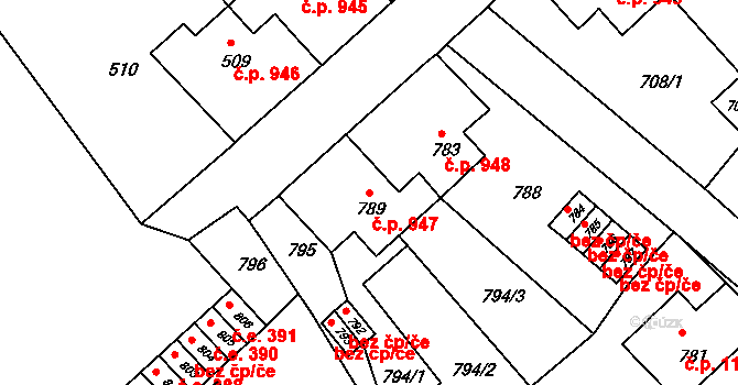 Jirkov 947 na parcele st. 789 v KÚ Jirkov, Katastrální mapa
