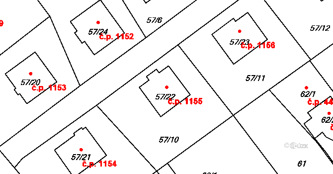 Ráj 1155, Karviná na parcele st. 57/22 v KÚ Ráj, Katastrální mapa