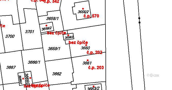 Božkov 202, Plzeň na parcele st. 3660 v KÚ Plzeň, Katastrální mapa