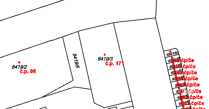 Jižní Předměstí 171, Plzeň na parcele st. 6419/3 v KÚ Plzeň, Katastrální mapa