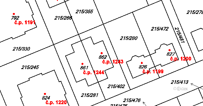 Rudná 1243 na parcele st. 862 v KÚ Hořelice, Katastrální mapa