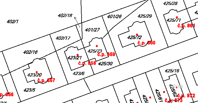 Libuš 859, Praha na parcele st. 425/73 v KÚ Libuš, Katastrální mapa