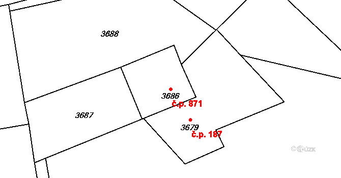 Dolní Lutyně 871 na parcele st. 3686 v KÚ Dolní Lutyně, Katastrální mapa