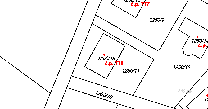Kamenice nad Lipou 778 na parcele st. 1250/13 v KÚ Kamenice nad Lipou, Katastrální mapa