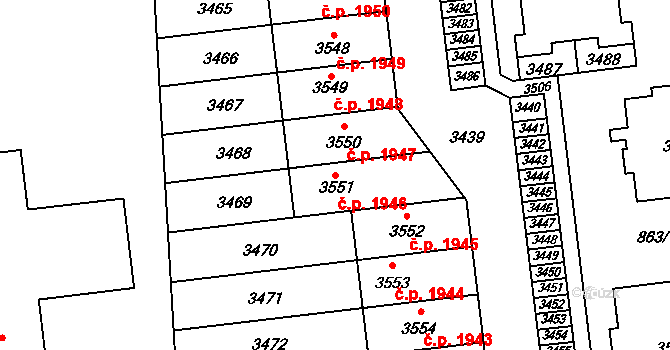 Nový Hradec Králové 1946, Hradec Králové na parcele st. 3551 v KÚ Nový Hradec Králové, Katastrální mapa