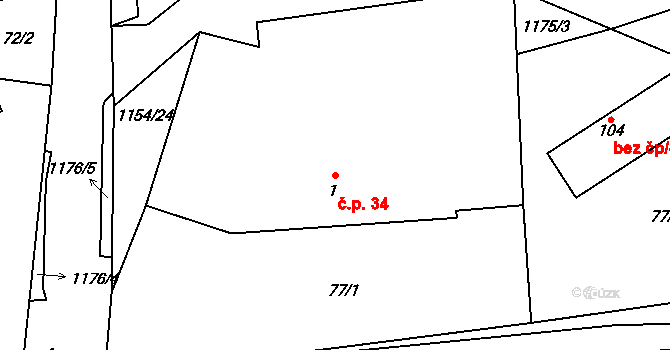 Děbolín 34, Jindřichův Hradec na parcele st. 1 v KÚ Děbolín, Katastrální mapa