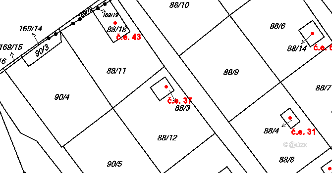 Střížovice 37, Chlumec na parcele st. 88/3 v KÚ Střížovice u Ústí nad Labem, Katastrální mapa