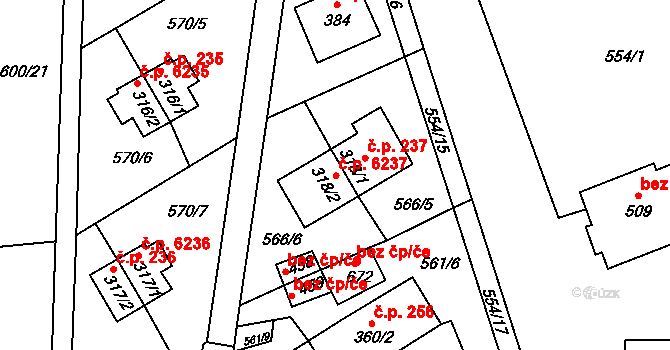 Louky 6237, Zlín na parcele st. 318/2 v KÚ Louky nad Dřevnicí, Katastrální mapa