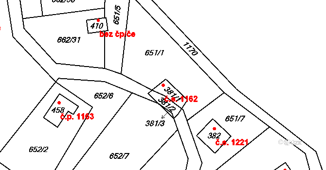 Horní Lhota 1162 na parcele st. 381/1 v KÚ Horní Lhota u Ostravy, Katastrální mapa