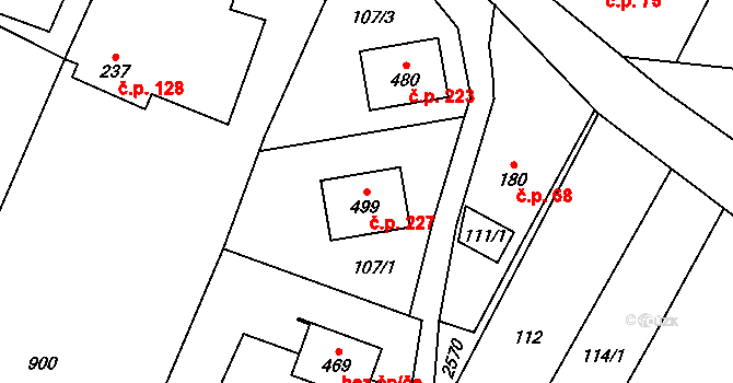Leskovec 227 na parcele st. 499 v KÚ Leskovec, Katastrální mapa