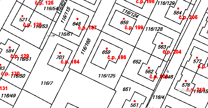 Horoušany 186 na parcele st. 659 v KÚ Horoušany, Katastrální mapa