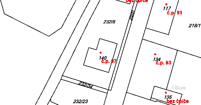 Choteč 97 na parcele st. 140 v KÚ Choteč u Holic, Katastrální mapa