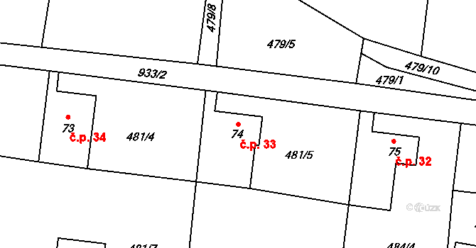 Malšovice 33 na parcele st. 74 v KÚ Malšovice, Katastrální mapa