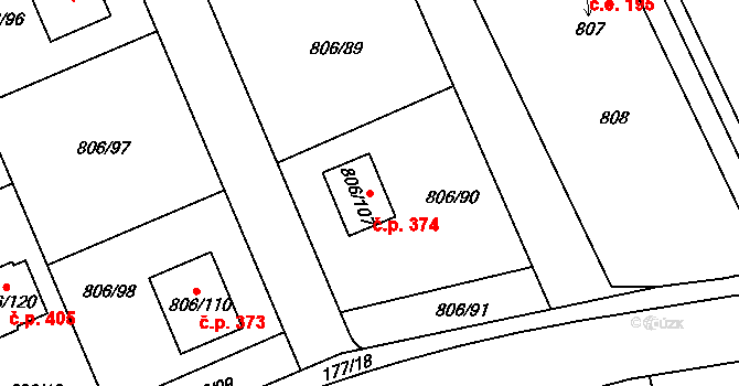 Těchov 374, Blansko na parcele st. 806/107 v KÚ Těchov, Katastrální mapa
