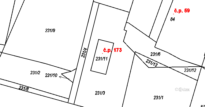 Šlovice 173, Dobřany na parcele st. 231/11 v KÚ Šlovice u Plzně, Katastrální mapa