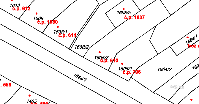 Holešov 610 na parcele st. 1605/2 v KÚ Holešov, Katastrální mapa