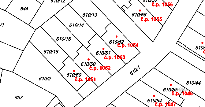 Sadská 1053 na parcele st. 610/51 v KÚ Sadská, Katastrální mapa