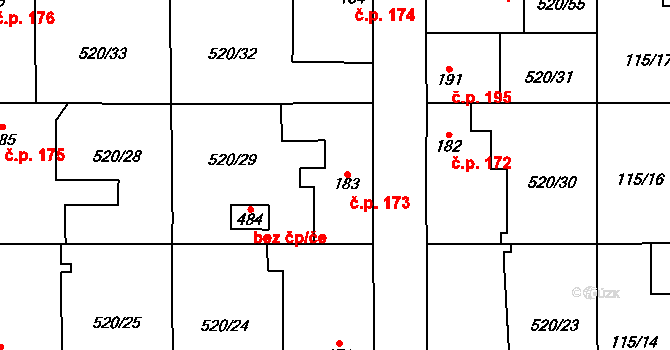Jeneč 173 na parcele st. 183 v KÚ Jeneč u Prahy, Katastrální mapa