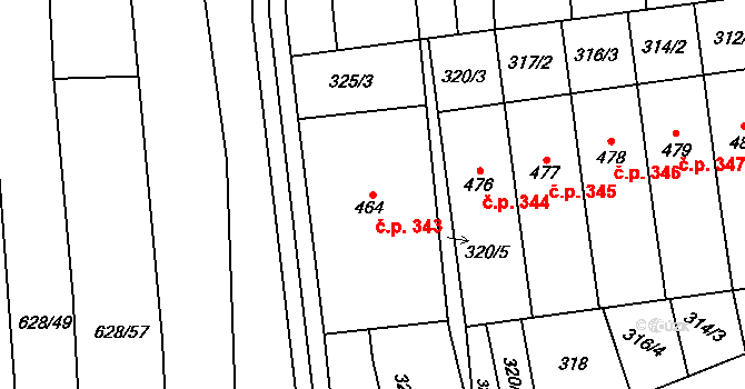 Žeravice 343 na parcele st. 464 v KÚ Žeravice u Kyjova, Katastrální mapa