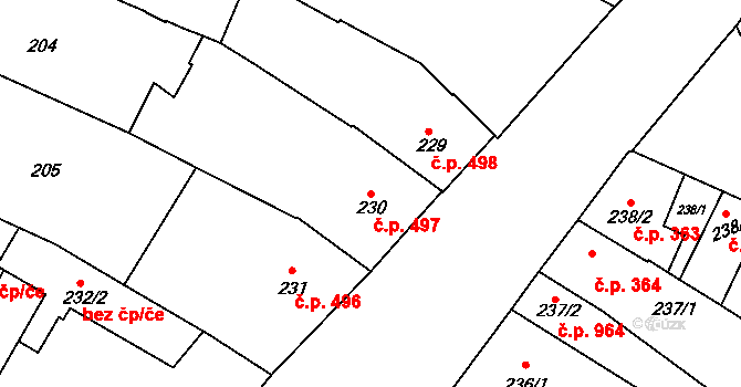 Kyjov 497 na parcele st. 230 v KÚ Kyjov, Katastrální mapa