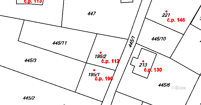 Rychaltice 112, Hukvaldy na parcele st. 195/2 v KÚ Rychaltice, Katastrální mapa