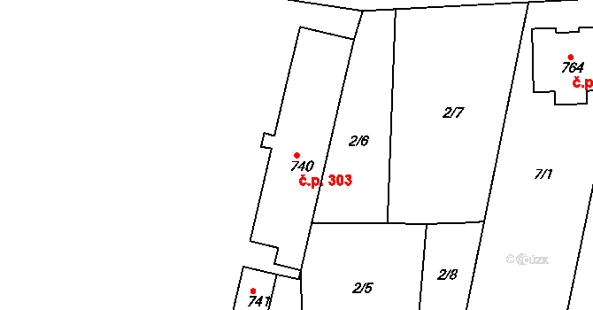 Hostomice 303 na parcele st. 740 v KÚ Hostomice nad Bílinou, Katastrální mapa