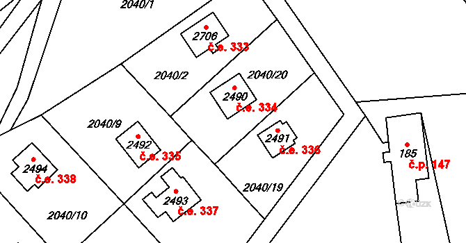 Ostravice 334 na parcele st. 2490 v KÚ Ostravice 1, Katastrální mapa