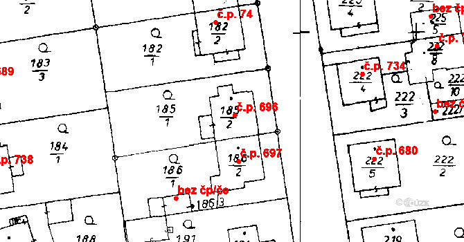 Poděbrady II 696, Poděbrady na parcele st. 185/2 v KÚ Poděbrady, Katastrální mapa