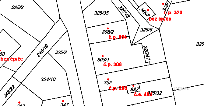 Bohosudov 306, Krupka na parcele st. 308/1 v KÚ Bohosudov, Katastrální mapa