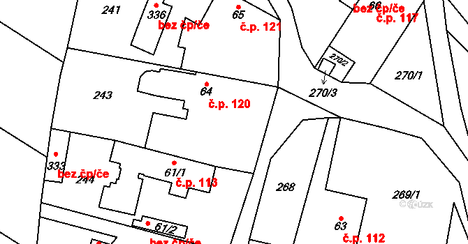 Želízy 120 na parcele st. 64 v KÚ Želízy, Katastrální mapa