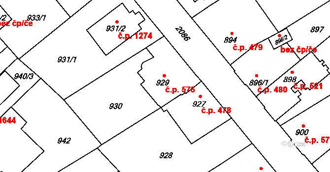 Uhříněves 576, Praha na parcele st. 929 v KÚ Uhříněves, Katastrální mapa