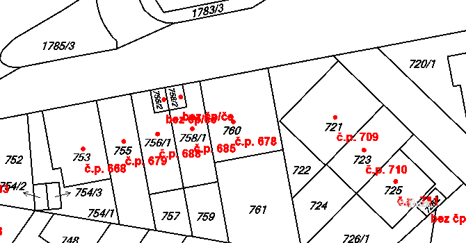 Kobylisy 678, Praha na parcele st. 760/1 v KÚ Kobylisy, Katastrální mapa