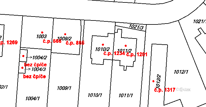 Hostivař 1234, Praha na parcele st. 1010/2 v KÚ Hostivař, Katastrální mapa
