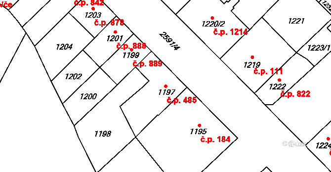 Doubravka 485, Plzeň na parcele st. 1197 v KÚ Doubravka, Katastrální mapa