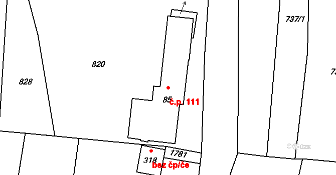 Loužnice 111 na parcele st. 85 v KÚ Loužnice, Katastrální mapa