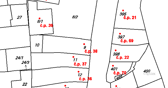 Míkovice 38, Uherské Hradiště na parcele st. 9 v KÚ Míkovice nad Olšavou, Katastrální mapa