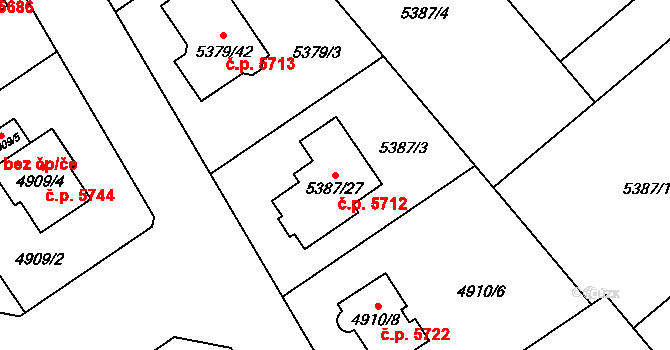 Chomutov 5712 na parcele st. 5387/27 v KÚ Chomutov I, Katastrální mapa