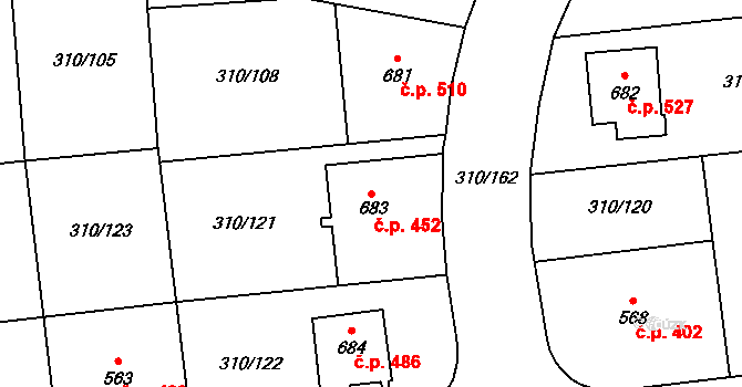 Prštné 452, Zlín na parcele st. 683 v KÚ Prštné, Katastrální mapa